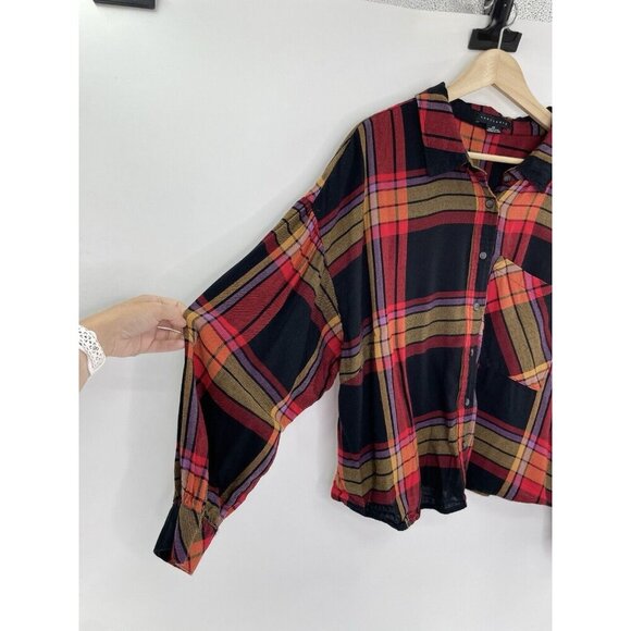 Sanctuary Plus Size Cropped Flannel Multicolor Plaid Puff‎ Sleeve Top Sz 2x Boho - Picture 6 of 10